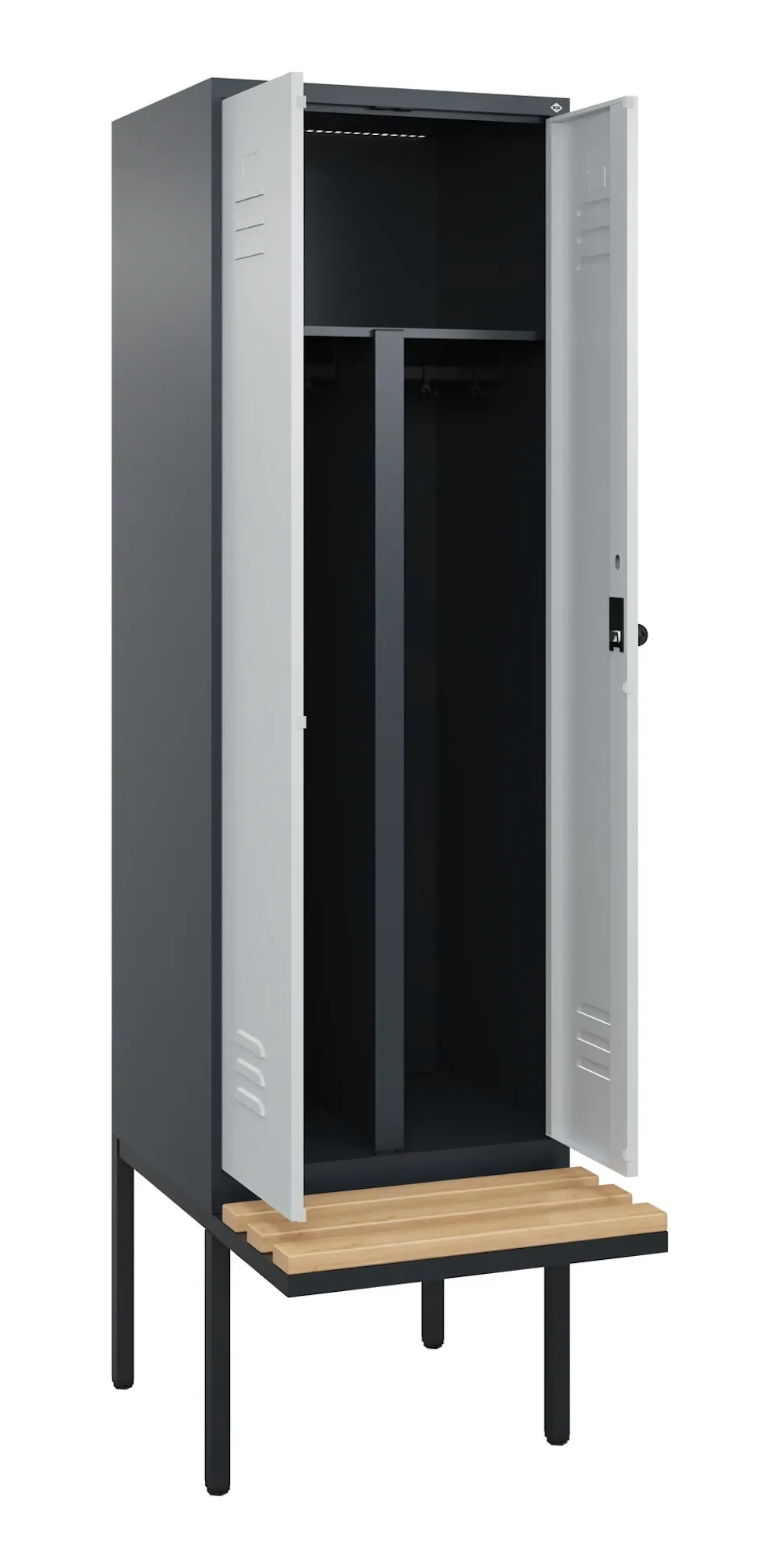 C+P Doppel-Spind Classic PLUS mit schwebender Sitzbank aus Buche-Hartholz | 2 Abteile | HxBxT 212x60x81,5cm | Sicherheits-Drehriegel | Stahl | Anthrazitgrau/Lichtgrau