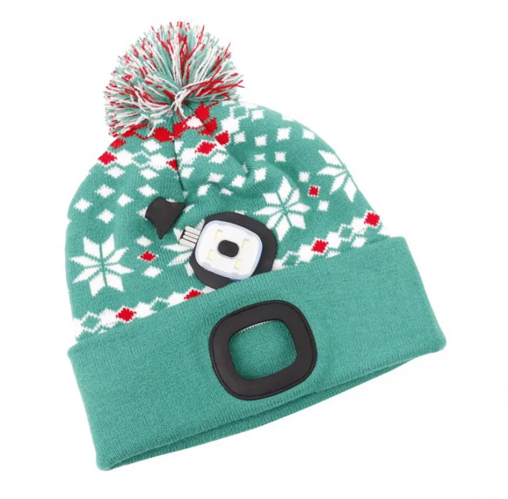 Weihnachtsmütze mit LED-Licht (4x SMD LED / 60 Lumen) und Plüsch-Bommel | Wiederaufladbar via USB | Farbe: türkis/weiß | Größe: L