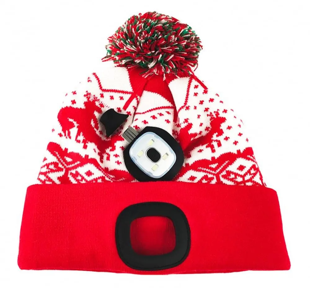 Weihnachtsmütze mit LED-Licht (4x SMD LED / 60 Lumen) und Plüsch-Bommel | Wiederaufladbar via USB | Farbe: rot | Größe: M | 5 Stück