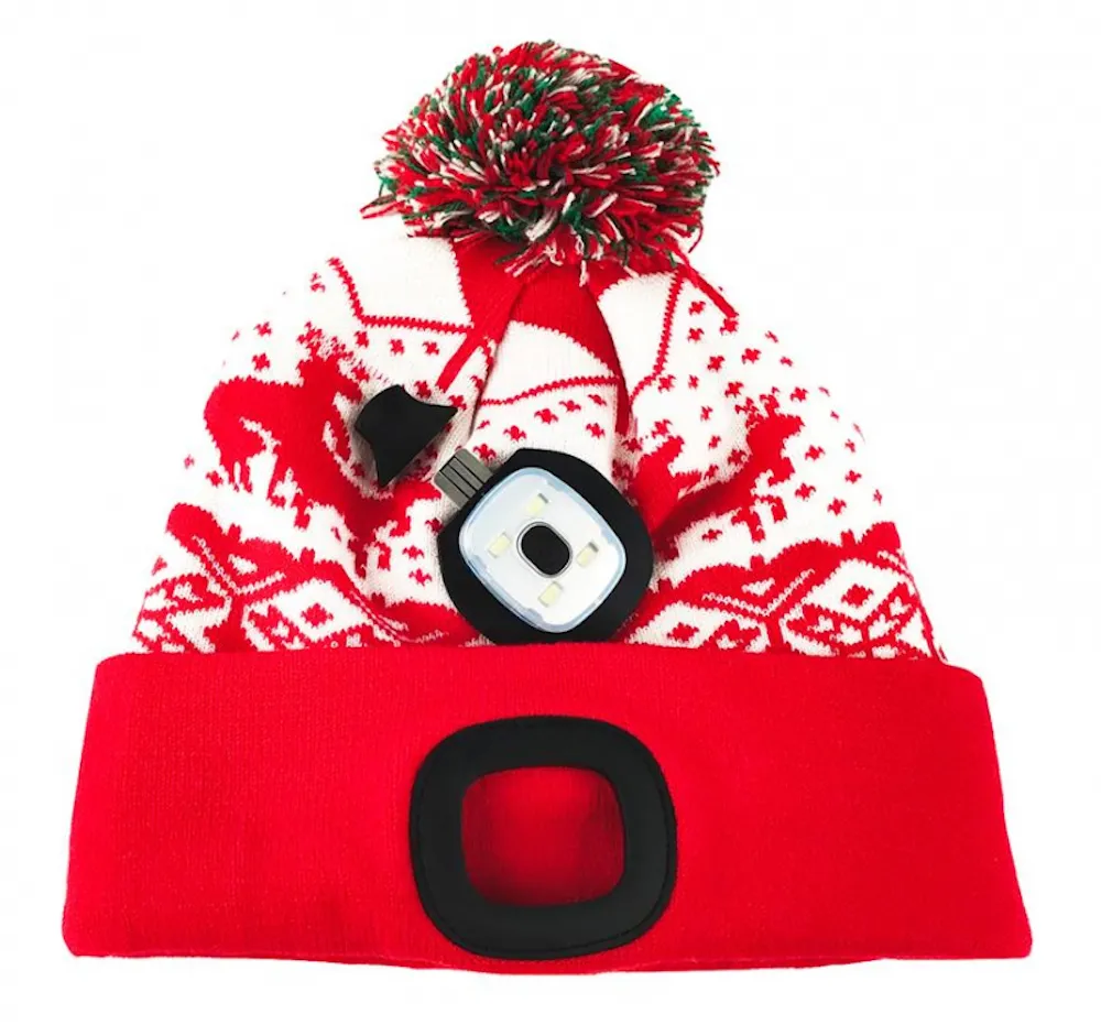 Weihnachtsmütze mit LED-Licht (4x SMD LED / 60 Lumen) und Plüsch-Bommel | Wiederaufladbar via USB | Farbe: rot | Größe: M | 10 Stück