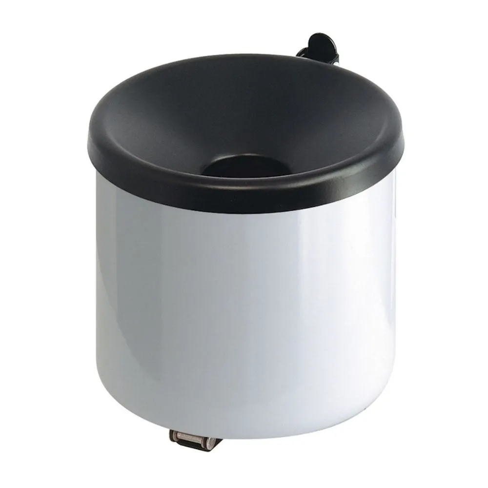 Runder Sicherheits-Wandaschenbecher mit Kippvorrichtung | 2 Liter, HxØ 16x16cm | Metall | Weiß mit schwarzem Deckel