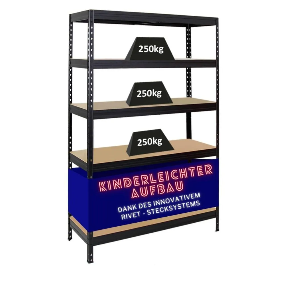 Schwerlastregal Rivet | HxBxT 180x120x45 cm | Fachlast 250kg | Innovatives Stecksystem | Schwarz