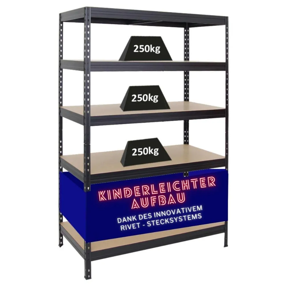 Schwerlastregal Rivet | HxBxT 180x120x60 cm | Fachlast 250kg | Innovatives Stecksystem | Schwarz