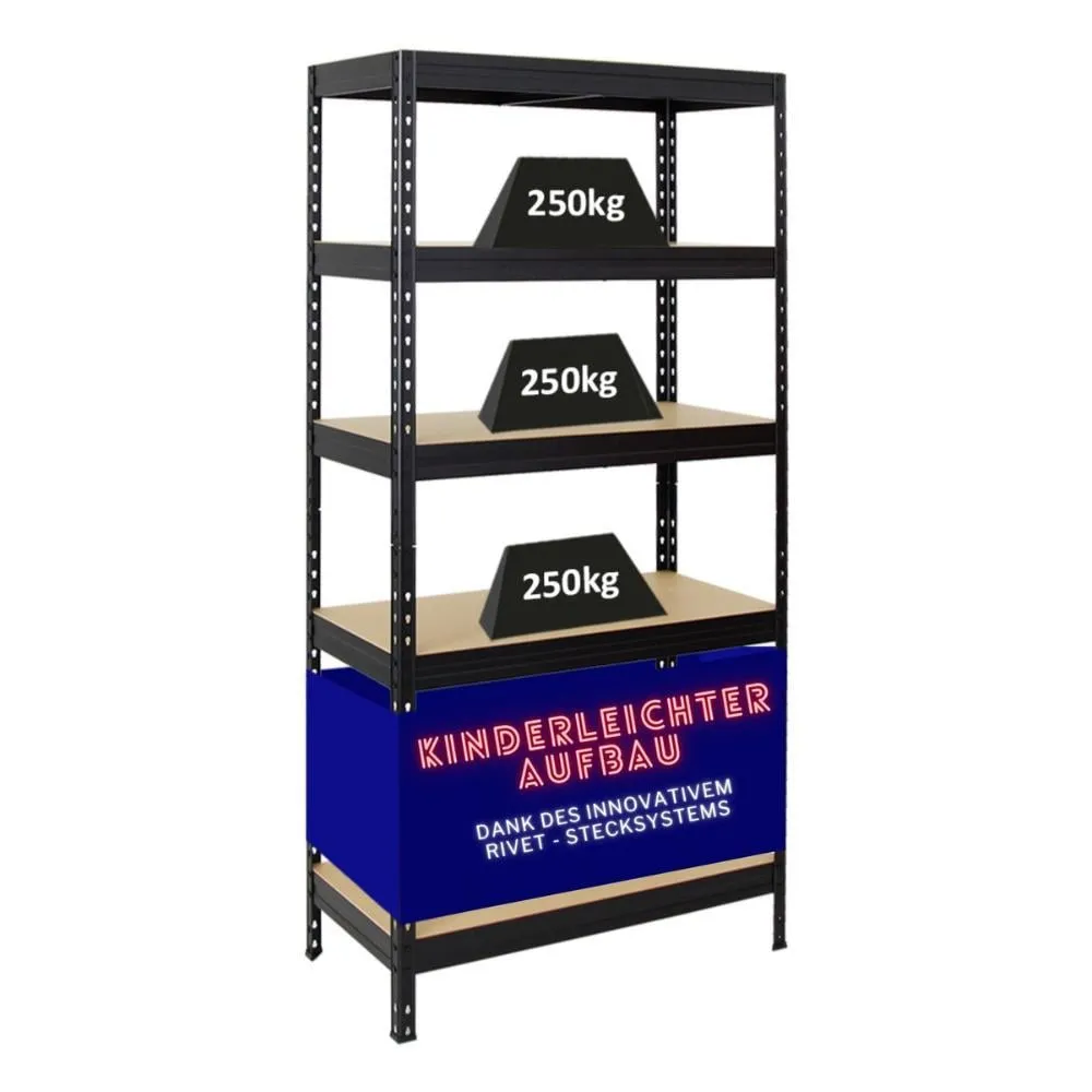 Schwerlastregal Rivet | HxBxT 180x90x45 cm | Fachlast 250kg | Innovatives Stecksystem | Schwarz