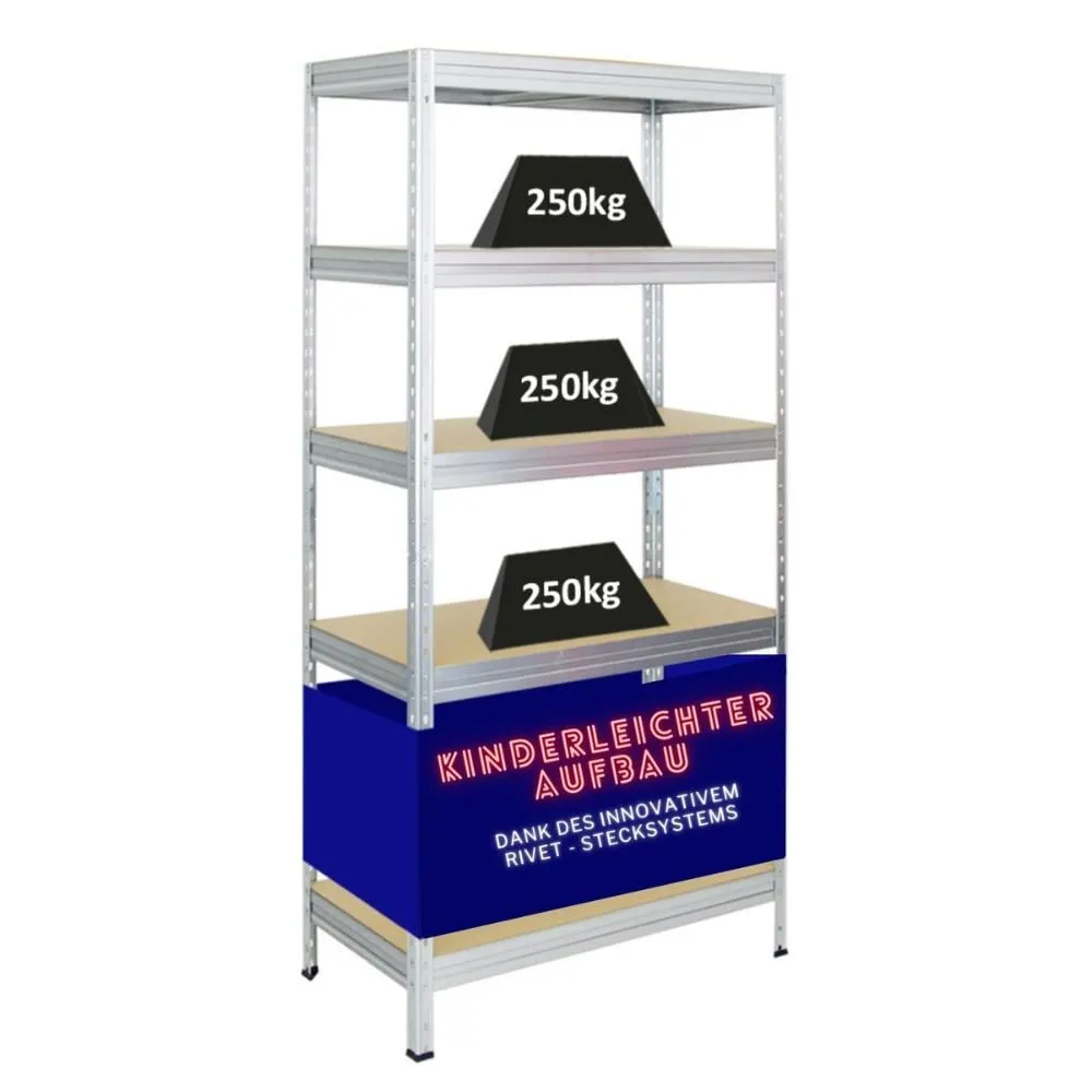 Schwerlastregal Rivet | HxBxT 180x90x45 cm | Fachlast 250kg | Innovatives Stecksystem | Verzinkt