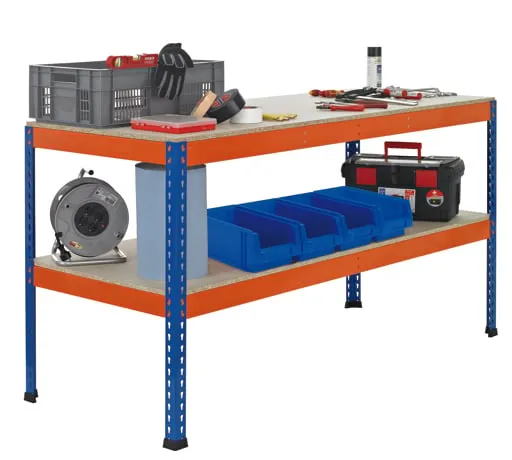 Schulte Werkbank mit Lagerebene | HxBxT 99x245x93cm | Fachlast Arbeitsebene 320kg | Blau/Orange