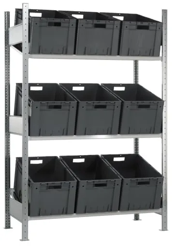 Schulte Schrägbodenregal MULTIplus150 | Grundregal ohne Behälter | HxBxT 200x100x60cm | 3 Fachböden | Traglast 150kg | Verzinkt/Lichtgrau