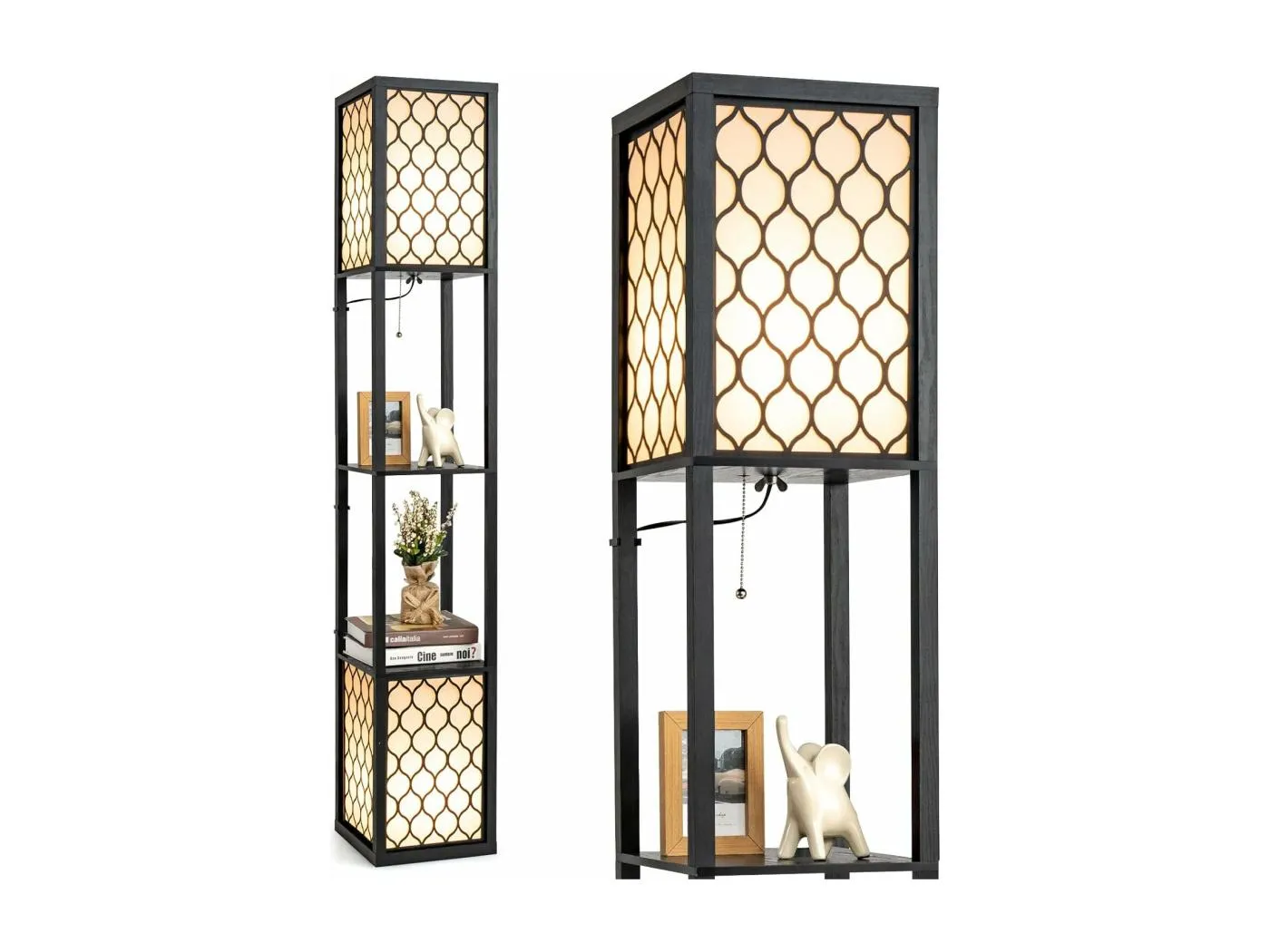 Stehleuchte Regal 156 cm, Standleuchte Holz, E27 Stehlampe, Moderne Innenbeleuchtung mit 3-Ebenen, Regal-Stehleuchte mit Zugkette & Fußschalter, Bodenlampe für Schlafzimmer & Wohnzimmer