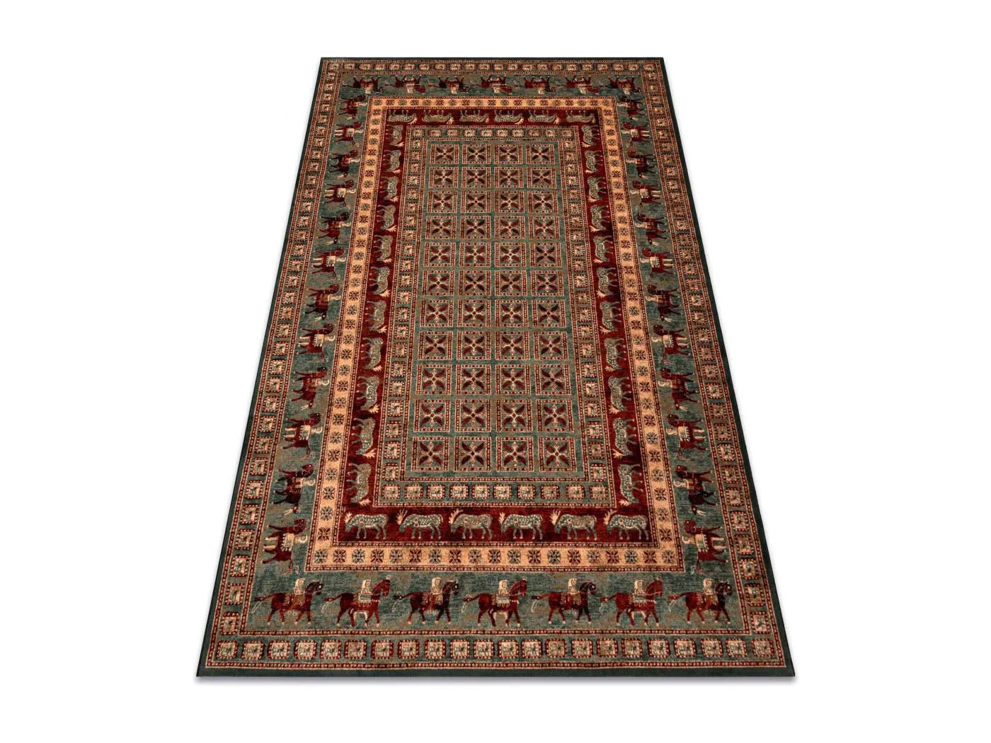 Wollteppich KASHQAI 4301 401 orientalisch, Rahmen grün / Terrakotta 67x130 cm