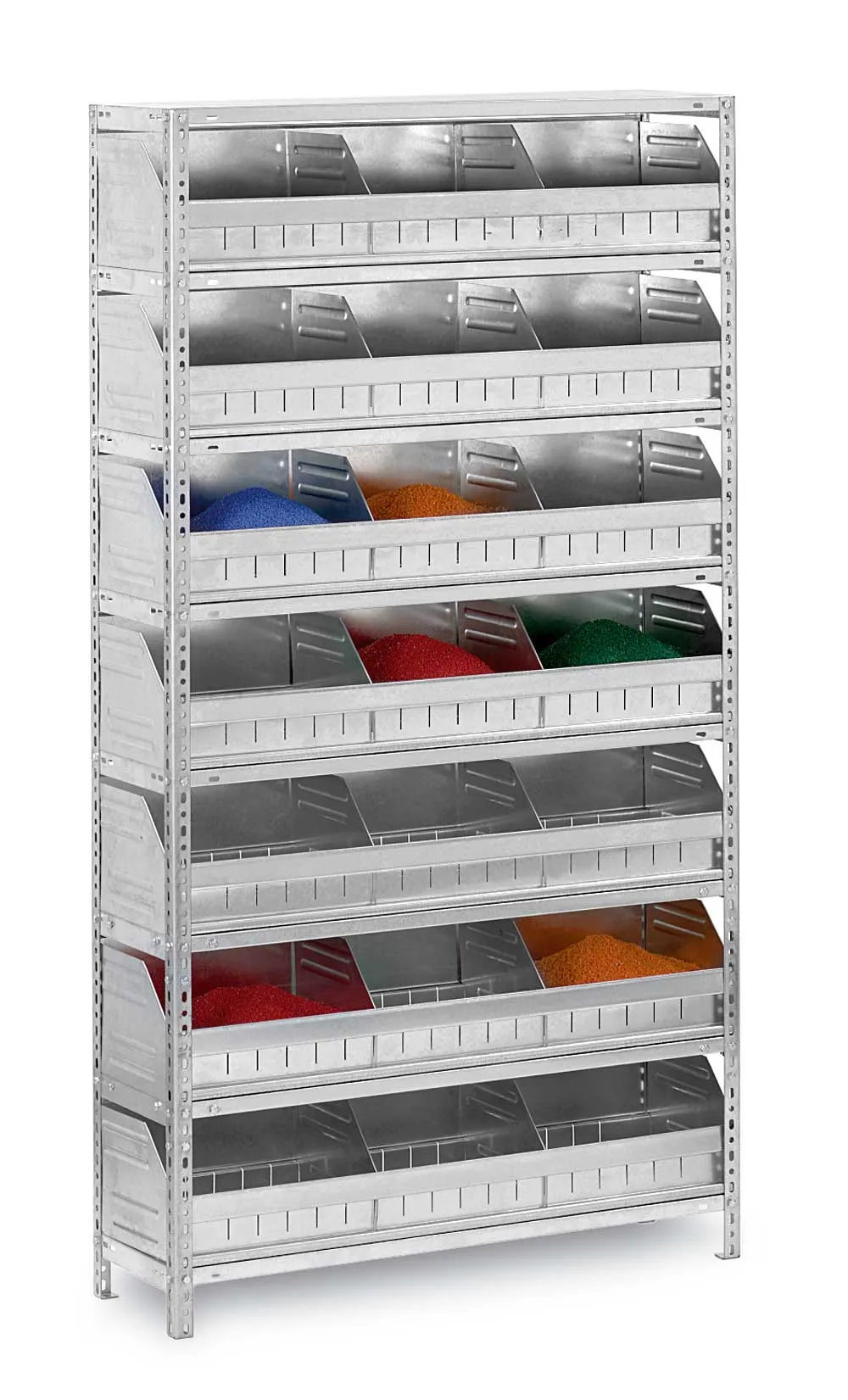 Schüttgutregal Schraubsystem | Grundregal | HxBxT 185x100x30cm | 8 Ebenen | Fachlast 60kg | 21 Schüttgutfächer | Verzinkt